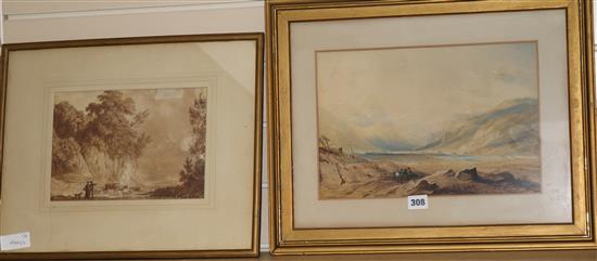 A watercolour of figures in a mountainous landscape and a watercolour of figures and cattle.